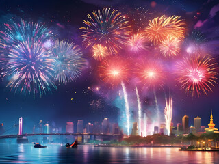 Obraz premium Celebrate the start of 2024 with a vibrant fireworks display over a bustling cityscape, as the clock strikes midnight and the new year begins.
