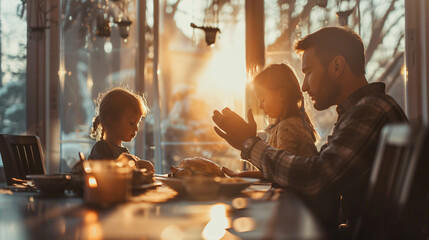 A serene family dinner with a father and two daughters praying together at sunset, creating a warm and peaceful atmosphere.