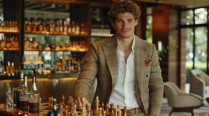 Obraz premium Man in beige suit standing by chessboard in stylish bar, surrounded by bottles, radiating confidence and sophistication.