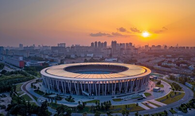 aerial view of modern soccer stadium with city around in sunset