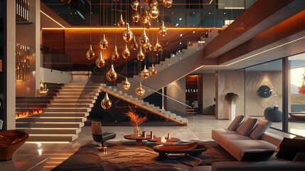 Modern living area featuring a sleek staircase, a breathtaking chandelier, and unique hanging lights, with an elegant and sophisticated interior design.