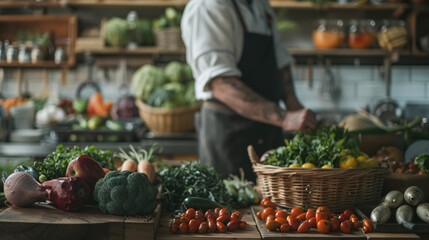 Chef prepares fresh organic vegetables in a rustic kitchen, surrounded by a variety of colorful, healthy produce in baskets.
