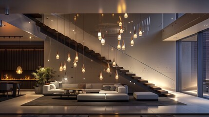 Modern living area featuring a sleek staircase, a breathtaking chandelier, and unique hanging lights, with an elegant and sophisticated interior design.