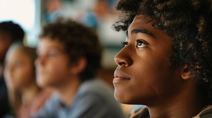 Obraz premium Focused students listen attentively in a classroom setting, engaged and learning with determination and curiosity.