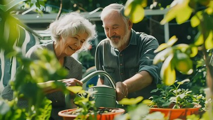 Senior woman and man are watering flowers in the garden