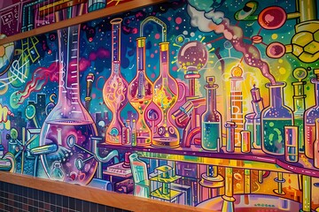 Obraz premium A colorful mural of a science lab with detailed equipment, experiments, and beakers.