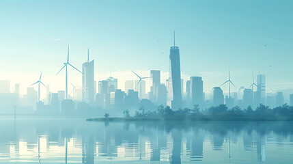 Fototapeta premium City Skyline with Wind Turbines in Foreground