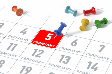 February Calendar with Blue Pushpin. Calendar Concept Using White Background and Simple Composition. 3d Rendering