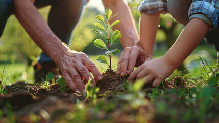 Fototapeta premium Family Planting Trees Together - Community CO2 Reduction