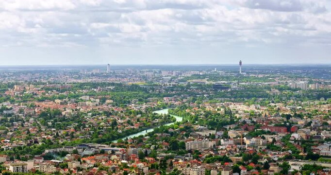 Aerial drone view of Neuilly-Plaisance commune in the eastern suburbs of Paris, France