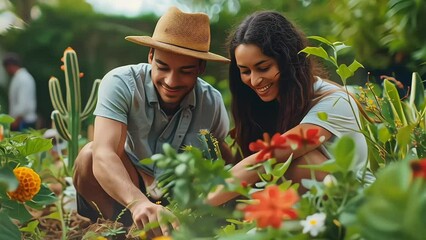 Happy diverse couple gardening, planting flowers in sunny garden - Powered by Adobe