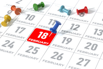 February Calendar with Blue Pushpin. Calendar Concept Using White Background and Simple Composition. 3d Rendering