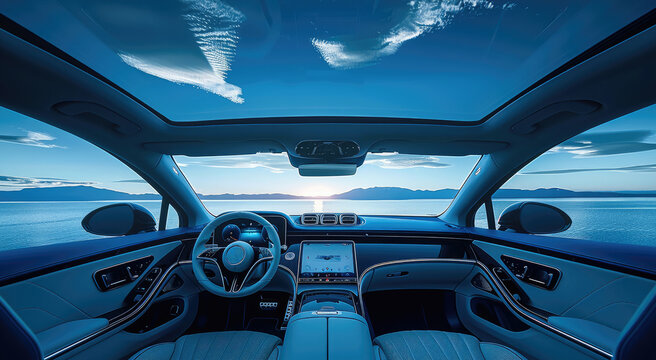Inside luxury car interior, panoramic sunroof, dark blue sky. Generative AI.