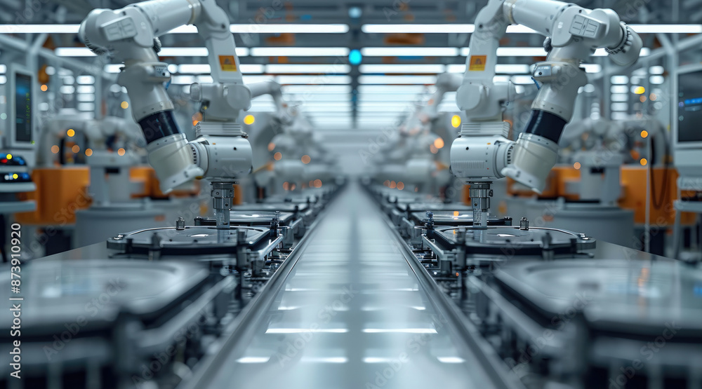 Poster a biopharmaceutical production facility with robotic arms and bioreactors. generative ai.