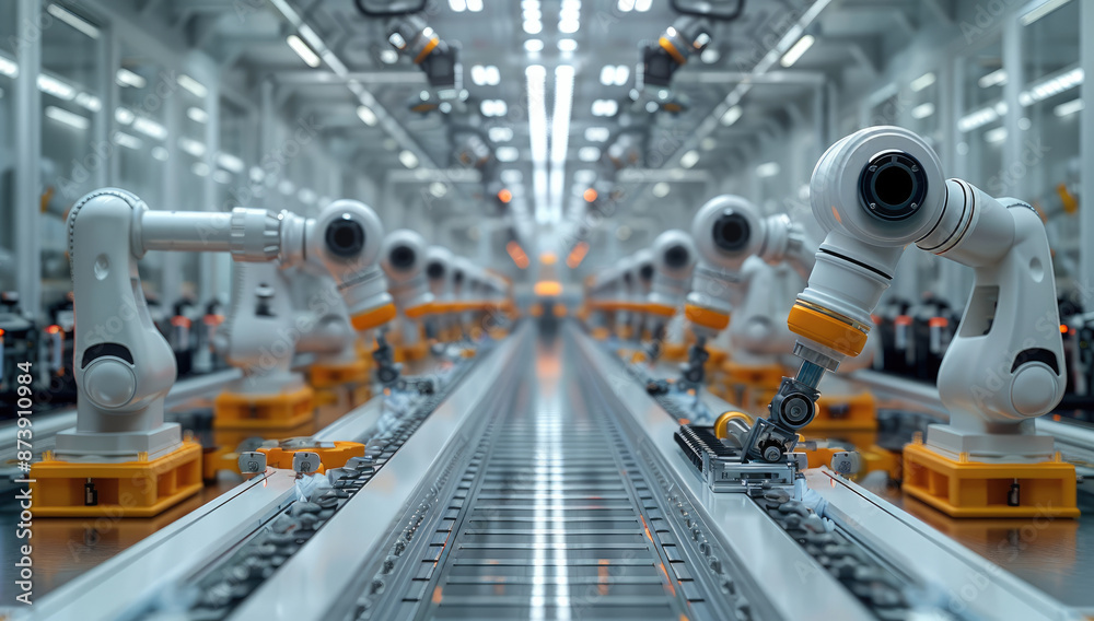 Poster a biopharmaceutical production facility with robotic arms and bioreactors. generative ai.