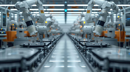 Naklejka premium A biopharmaceutical production facility with robotic arms and bioreactors. Generative AI.