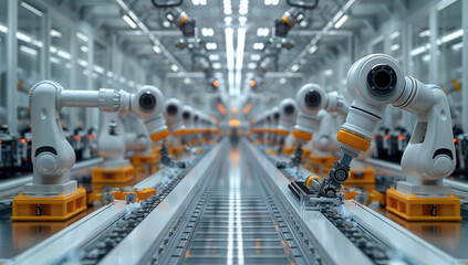 A biopharmaceutical production facility with robotic arms and bioreactors. Generative AI.
