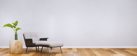 Modern chair in white room interior parquet wood floor. 3D rendering