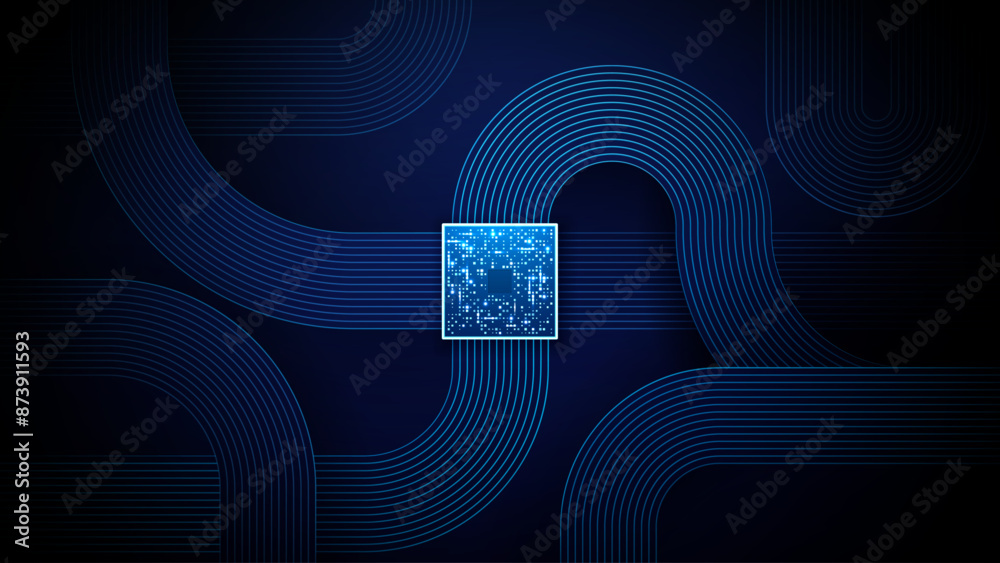 Poster Technology innovation background. CPU processor and flat cable pattern on dark blue tech bg. AI chip or semiconductor and lines of circuit board. Computers and electronics concept. Vector illustration