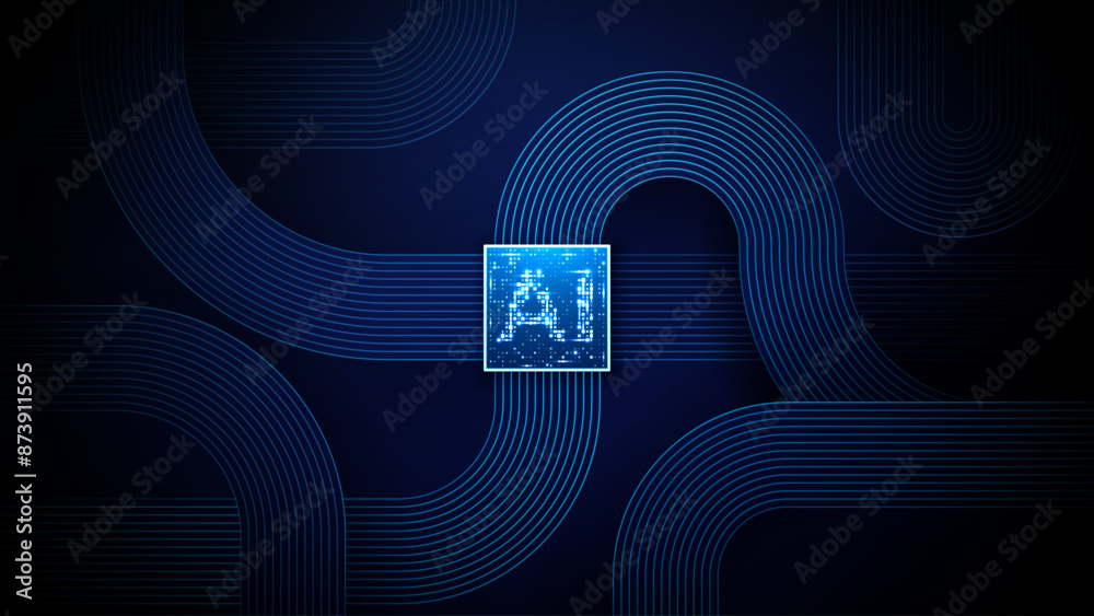 Poster Abstract AI chip on technology blue background. Circuit with flat circle line cables. Artificial intelligence processor, semiconductor with glowing light pixels or glitch elements. Vector illustration