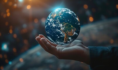 Fototapeta premium hand of Businessman touching virtual Earth globe, business and save world concept