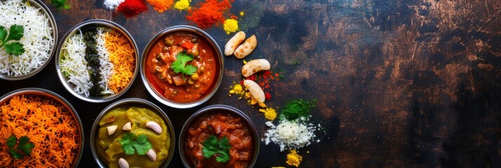 India Independence Day celebrating. Traditional Indian dishes, Indian holiday food. Horizontal banner. Free space for text. Republic Day of India