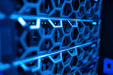 close up of network cables connected to server racks in data center room.