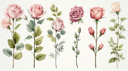 Watercolor painting of delicate pink roses with green leaves.