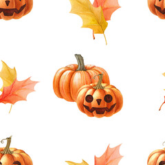 Halloween pumpkins seamless pattern decor. Watercolor illustration. Hand drawn spooky funny orange pumpkins, autumn leaves seamless pattern. Halloween holiday element symbol on white background