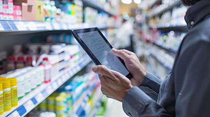 Pharmacist Using Tablet Computer for Inventory Management in Pharmacy: Efficient Healthcare Operations, Digital Technology in Pharmaceutical Industry
