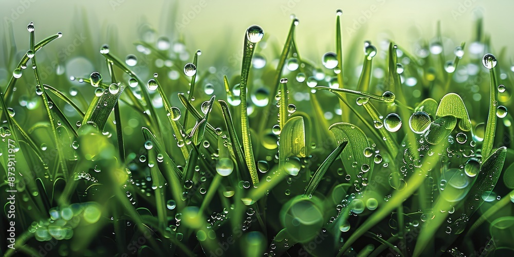 Poster green border of grass, many dew drops glow and sparkle. highly detailed. generative ai.