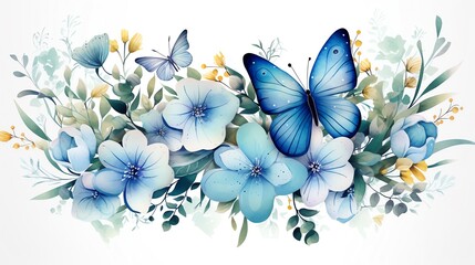 Watercolor floral bouquet with blue butterflies and leaves on white background.