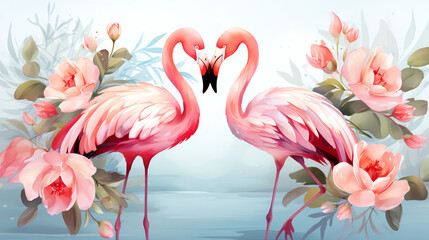Naklejka premium Two pink flamingos standing facing each other surrounded by pink roses and leaves.