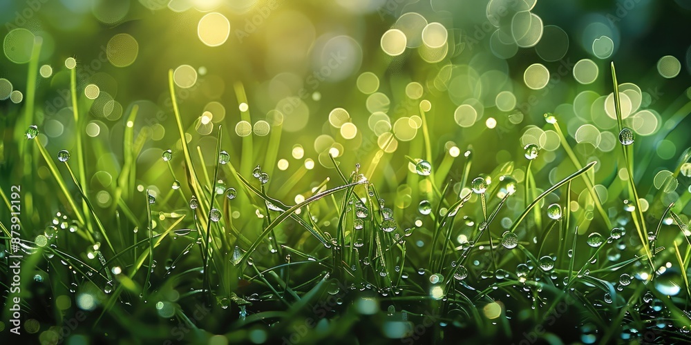 Poster green border of grass, many dew drops glow and sparkle. highly detailed. generative ai.