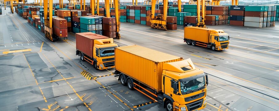 Trucks at a busy port with cargo containers in the background.