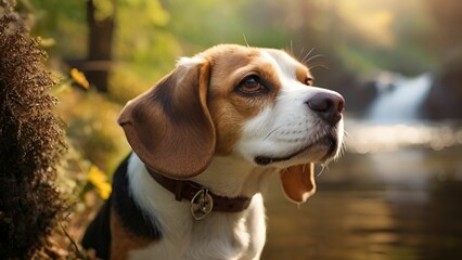 Dog on blurred forest background