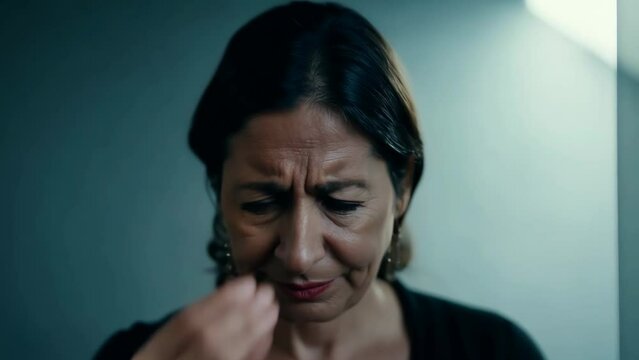 Distressed woman crying in dark room