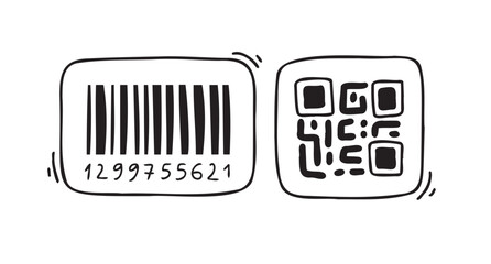 Doodle barcode. Doodle QR code. Hand drawn datum symbols collection. Barcode and QR code doodles.