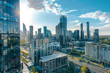 Obraz premium Skyline of Urban Financial District Under Blue Skies