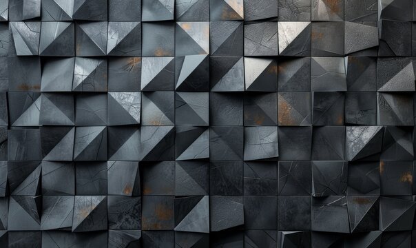 Polished, Semigloss Wall background with tiles. Triangular, tile Wallpaper with 3D, Black blocks. 3D Render