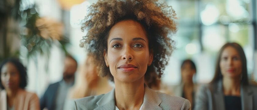 Serious mature coach, mentor woman training diverse staff, company employees, giving seminar in boardroom. Confident female boss meeting with diverse group for teamwork, working on project