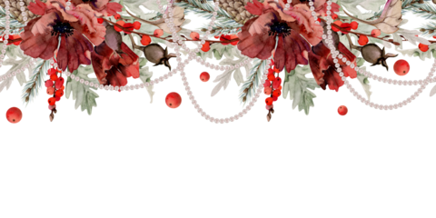 Poppy anemone flower, spruce fir tree branches cones, berries. Watercolor hand drawn illustration, seamless banner isolated on white. Xmas, happy new year festive, noel navidad holiday. Cards, gifts.