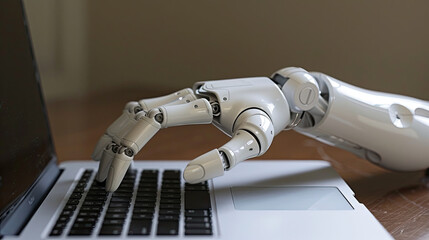Robot Hands Point to Laptop: Futuristic Technology Interaction, AI and Robotics, Human-Computer Interface, Advanced Tech Collaboration, Digital Automation, Cybernetic Assistance, High-Tech Gadgetry