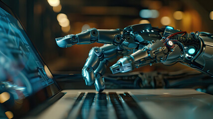 Robot Hands Point to Laptop: Futuristic Technology Interaction, AI and Robotics, Human-Computer Interface, Advanced Tech Collaboration, Digital Automation, Cybernetic Assistance, High-Tech Gadgetry