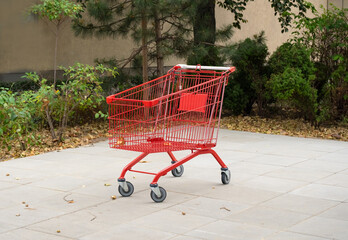 Shopping Cart, Abandoned Shopping Basket near the Supermarket, Red Shop Cart Outdoor, Empty Trolley