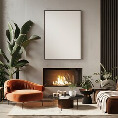 Contemporary living room featuring a minimalist fireplace and expansive empty wall, enhanced by a sleek photo frame, designer furnishings, and artistic greenery