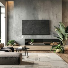 Modern living room with a minimalist fireplace and spacious blank wall adorned by a sleek photo frame, designer furniture, and artful plants