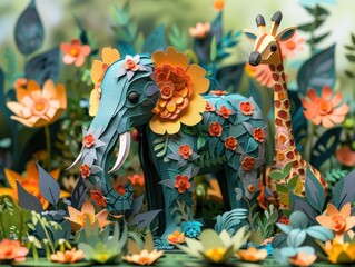 Elephants and giraffes in a whimsical paper cut zoo.