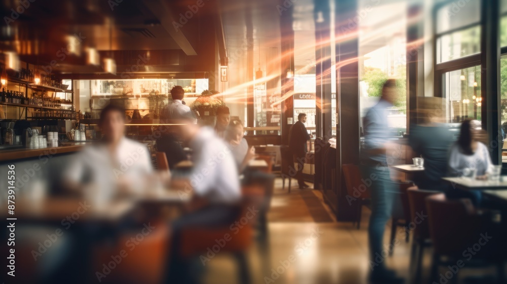 Wall mural blur coffee shop or cafe restaurant, blurred restaurant background with some people and chefs and wa