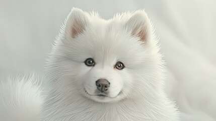 Obraz premium Adorable Samoyed puppy with fluffy white fur, gazing directly at the camera against a soft, white background